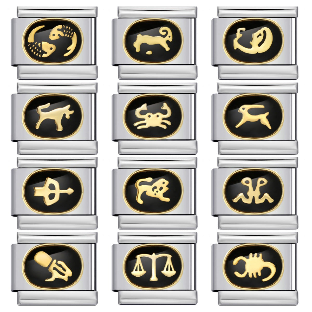 Italian Module Bracelet with Black Welding, Gold-plated Dripping Oil, Twelve Zodiac DIY Pattern, Stainless Steel Bracelet