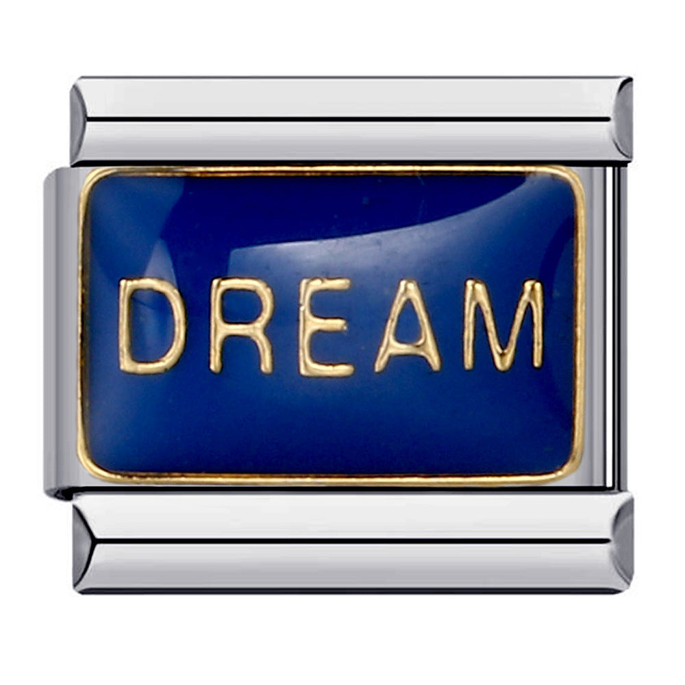 Blue Titanium Steel Welded Pattern Italian Modular Bracelet, Gold-Plated Drip Enamel Free Combination Link Bracelet