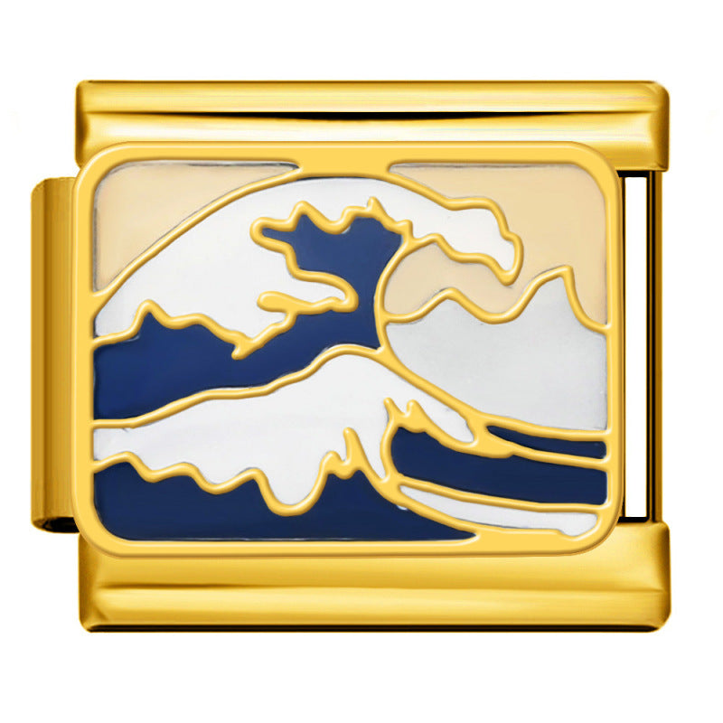 Gold Bottom Tourist Resort Scenery Pattern Italian Module Bracelet DIY Welding Drip Oil Stainless Steel Strap Chain