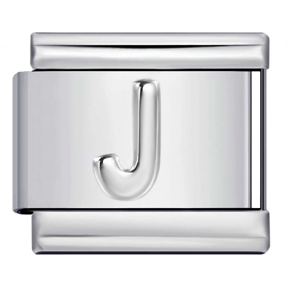 Italian Stainless Steel Silver Raised 26 Letter DIY Module Bracelet with Free Splicing Elastic Watch Strap