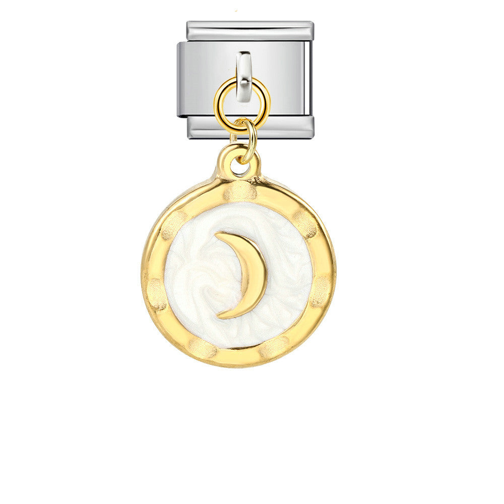 Round Pendant with Gold and Silver Base, Italian Module Bracelet, Titanium Steel Drip Oil Hook, Fashionable DIY Versatile Bracelet