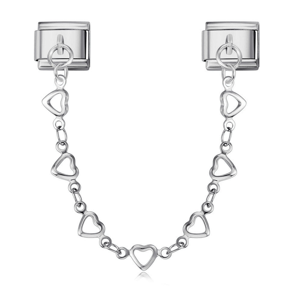 New Stainless Steel Heart-shaped Pendant Italian Module Bracelet with Double Hooks DIY Elastic Splicing Strap Chain