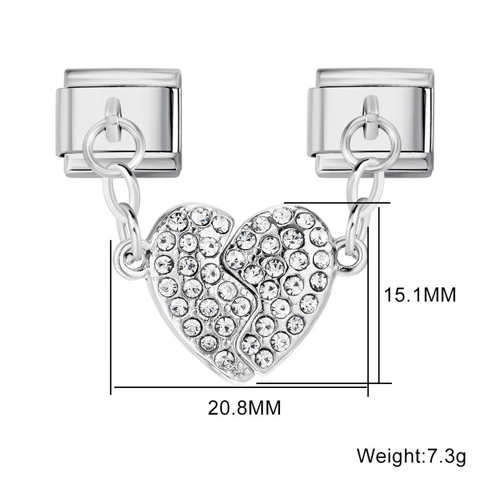 Micro Inlaid Zircon Heart-shaped Double Pendant Bracelet Accessory Titanium Steel DIY Free Splicing Italian Module Bracelet