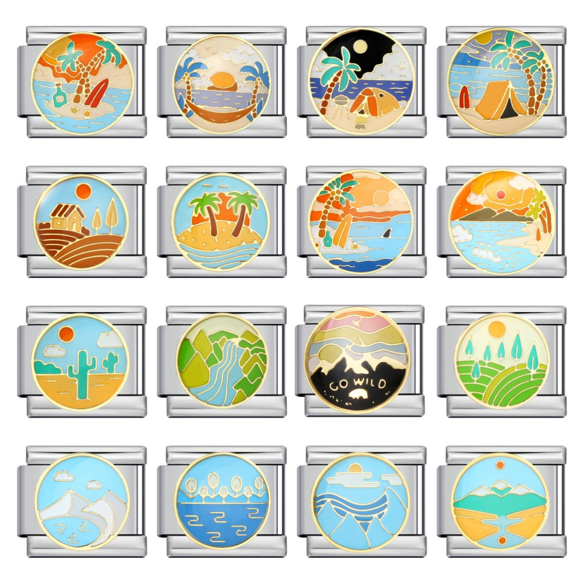 New River, Mountain, Seaside Scenery Italian Module Bracelet with Gold Plating and Oil Dripping DIY Welding Stainless Steel Bracelet