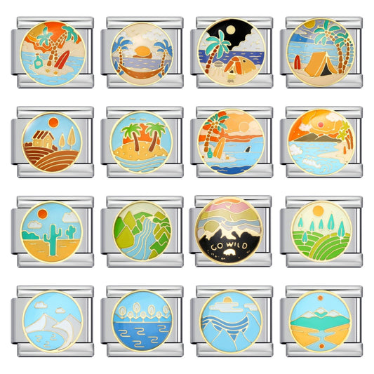 New River, Mountain, Seaside Scenery Italian Module Bracelet with Gold Plating and Oil Dripping DIY Welding Stainless Steel Bracelet