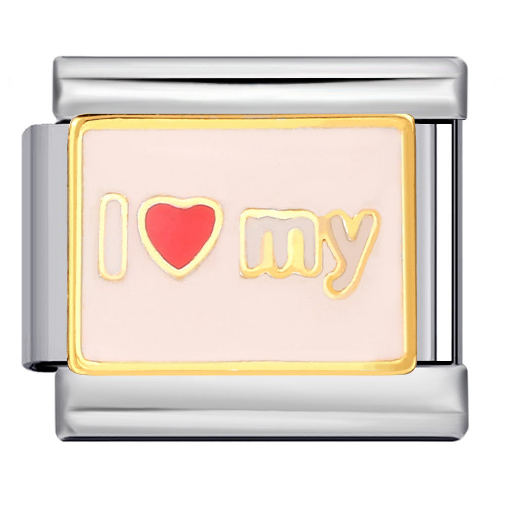 Cross Border Hot Selling Heart English Pattern Wristband Titanium Steel Welded Gold-plated Drip Oil DIY Italian Module Bracelet