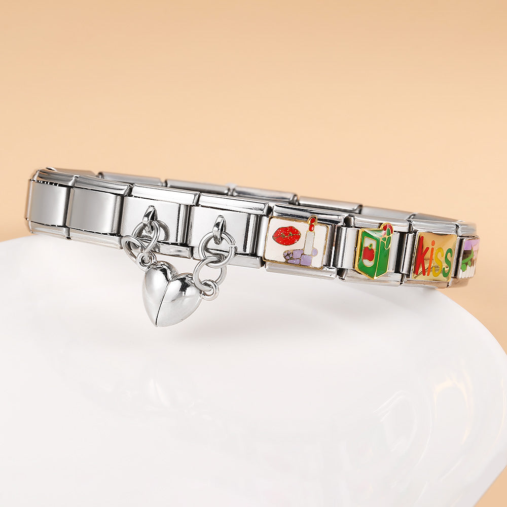 Magnetic Suction Heart-shaped Double Pendant Bracelet Accessory Titanium Steel DIY Free Splicing Italian Module Bracelet