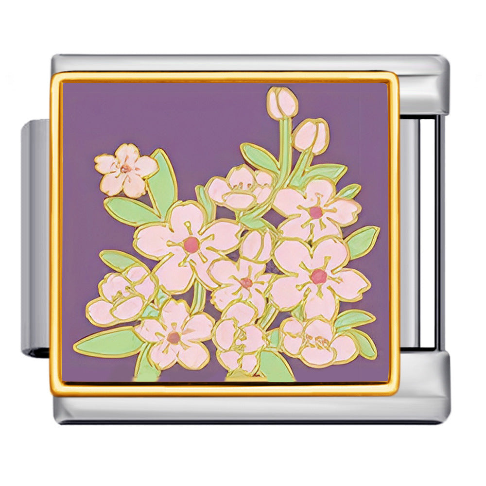 Square Flower Italian Module Bracelet Titanium Steel Welding Drip Oil Pattern DIY Strap Chain Accessories Wholesale