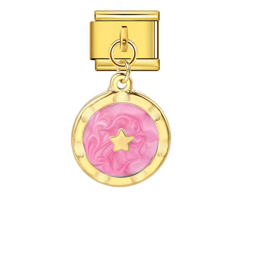 Round Pendant with Gold and Silver Base, Italian Module Bracelet, Titanium Steel Drip Oil Hook, Fashionable DIY Versatile Bracelet