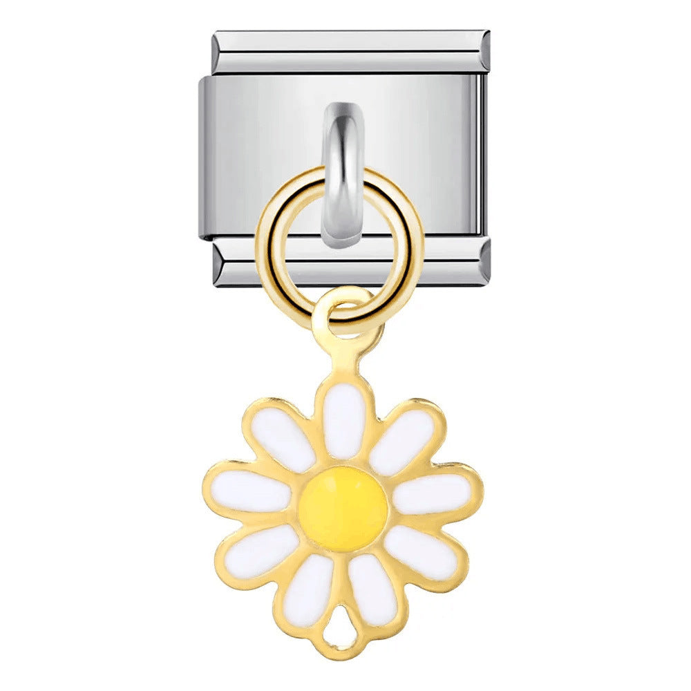 Single Silver Bottom Flower Pendant Italian Module Bracelet Stainless Steel Gold Plated Drip Oil DIY Hook Bracelet