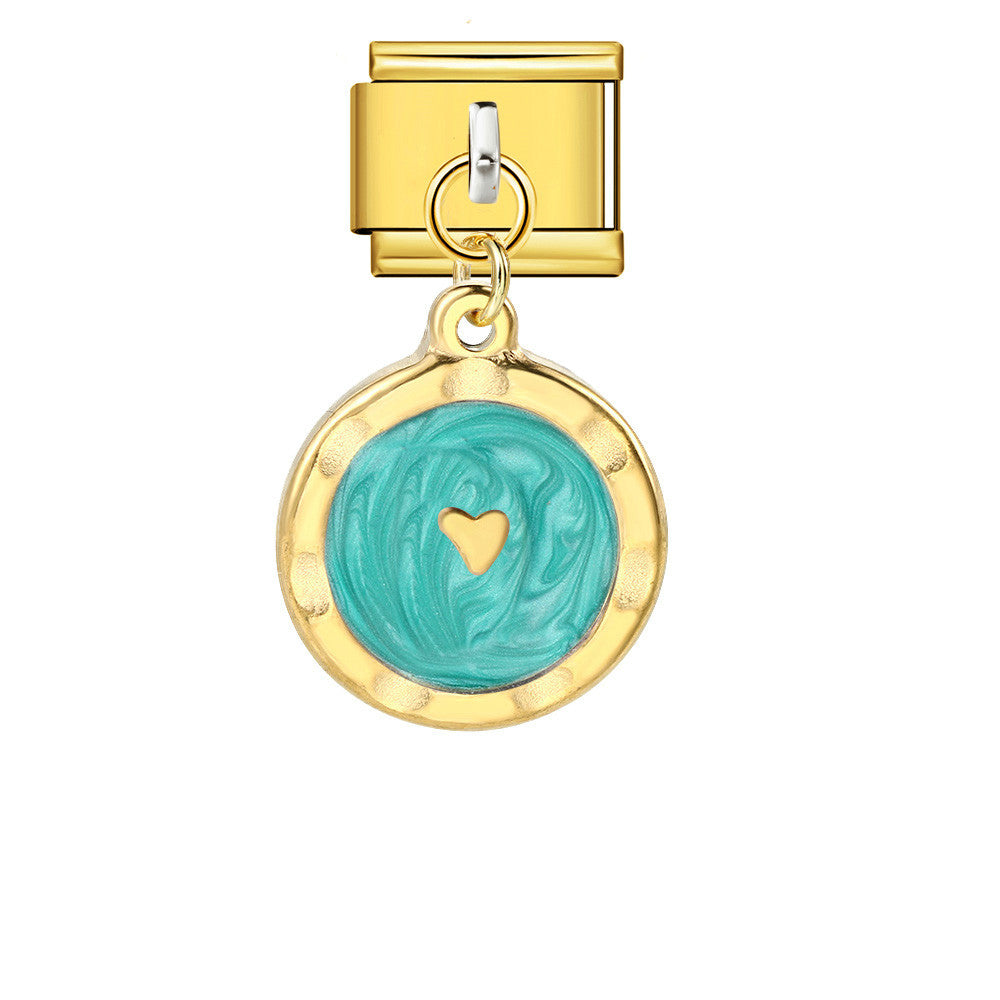 Round Pendant with Gold and Silver Base, Italian Module Bracelet, Titanium Steel Drip Oil Hook, Fashionable DIY Versatile Bracelet