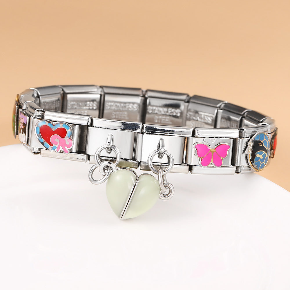 Luminous Magnetic Heart Shaped Italian Module Bracelet Stainless Steel Double Hook DIY Free Splicing Bracelet