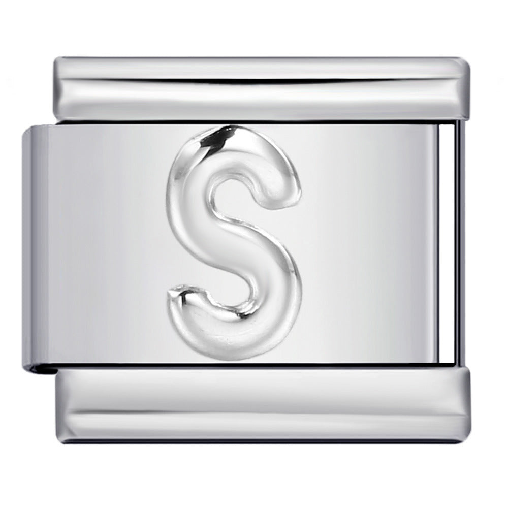 Italian Stainless Steel Silver Raised 26 Letter DIY Module Bracelet with Free Splicing Elastic Watch Strap