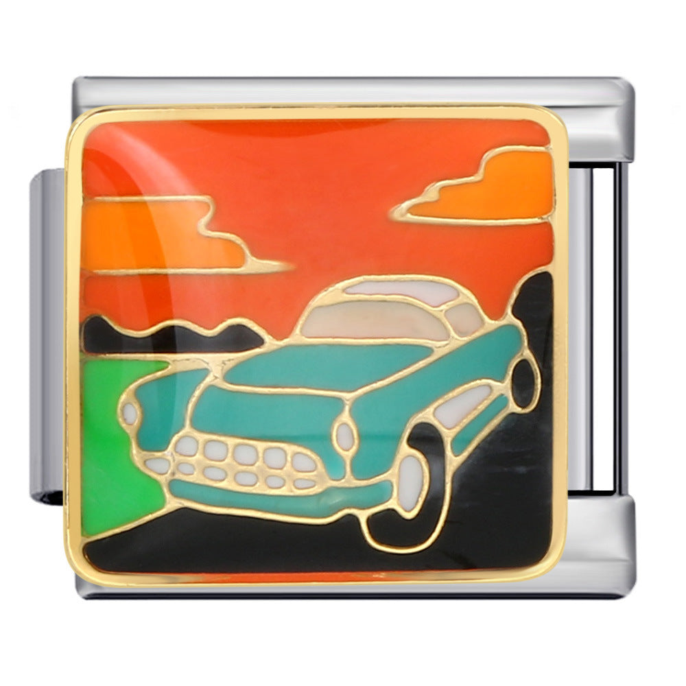 Hot Selling Fire Truck Train Italian Modular Bracelet DIY Titanium Steel Welding Gold Plated Drip Oil Bangle