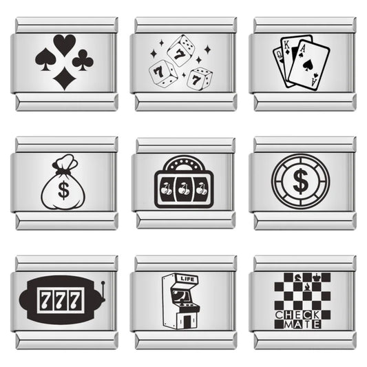 Cross Border Hot Selling Laser Engraving Chess and Card Entertainment Pattern Titanium Steel DIY Italian Module Bracelet Wholesale